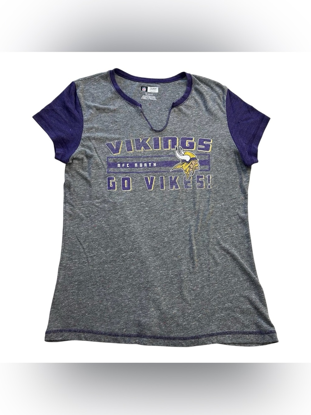 Minnesota Vikings NFL Team Apparel Women’s Color Block V-Neck Gray T-Shirt sz XL